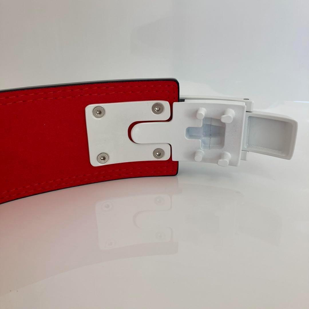 パワーベルト レバーアクション Lサイズ 本革 黒×裏地赤 バックル白 可変式