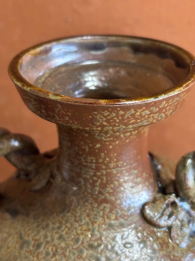 やまちゃん河井寛次郎作柿緑釉蔦捻双耳瓶　一点物　森の春のはじまり