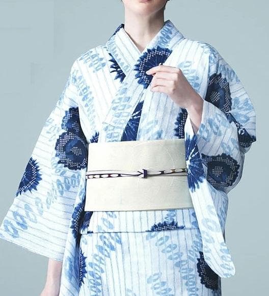 半額以下★最終価格★美術サロン高級浴衣 近江ちぢみ藍捺染 白紺　知多木綿　麻混