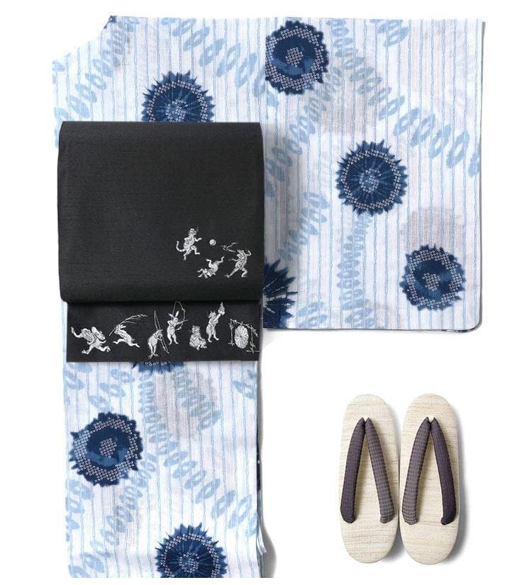 半額以下★最終価格★美術サロン高級浴衣 近江ちぢみ藍捺染 白紺　知多木綿　麻混