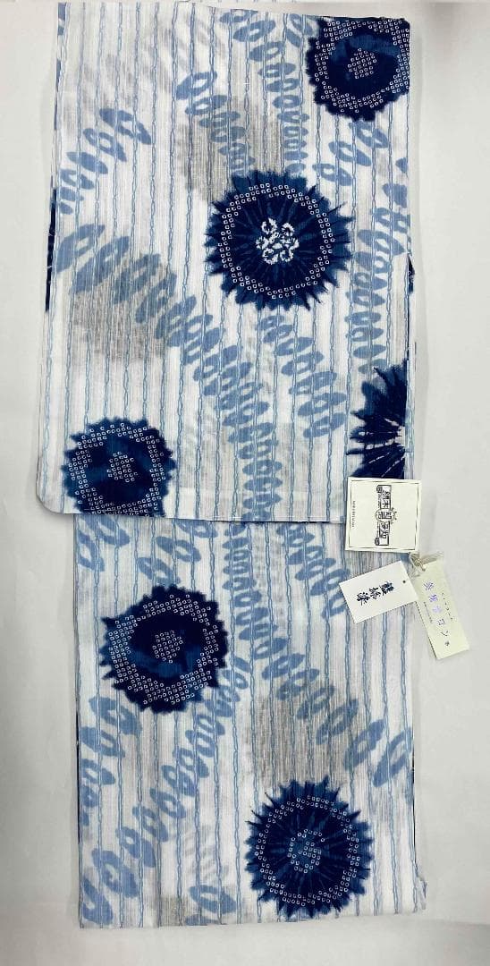 半額以下★最終価格★美術サロン高級浴衣 近江ちぢみ藍捺染 白紺　知多木綿　麻混