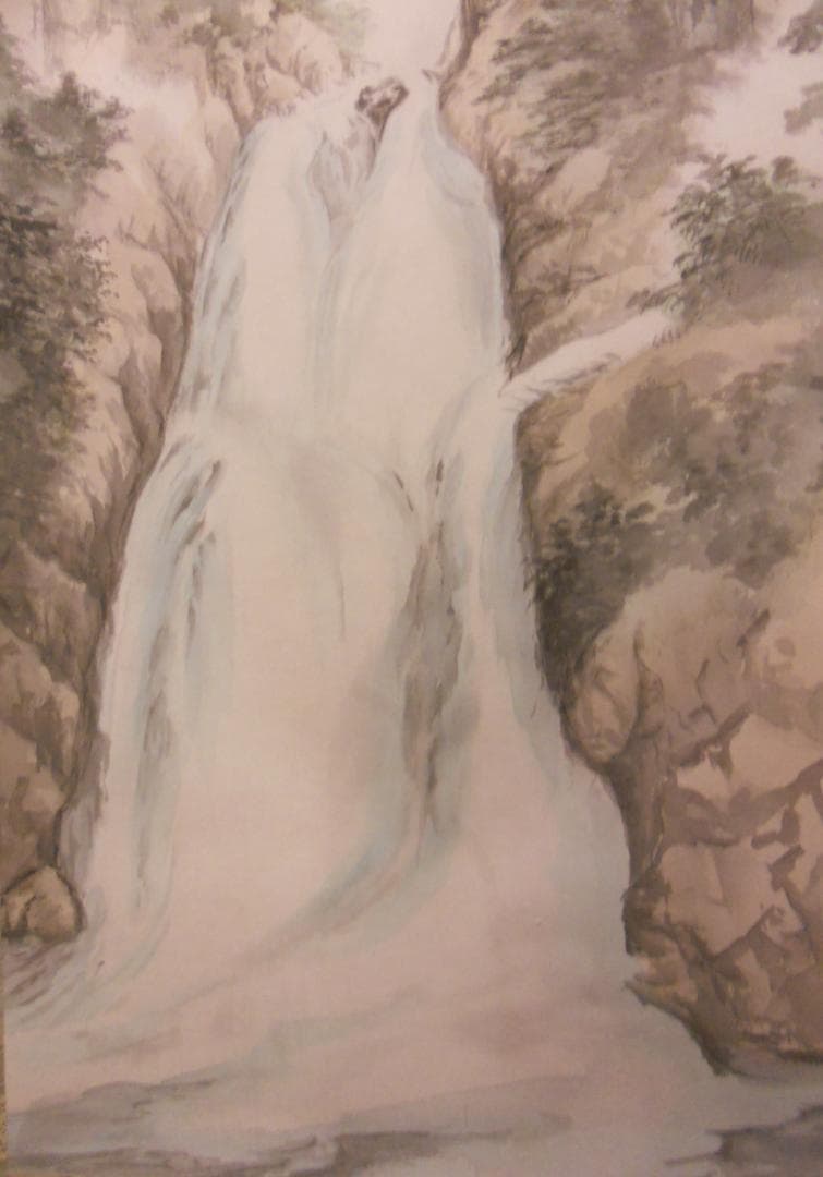 掛け軸 栄翠 二段滝色彩 絹本 希少 軸装 茶道具 掛軸 美品 です。