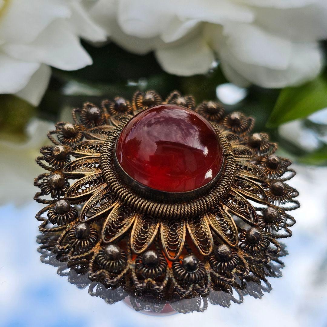 【255】 琥珀　アンバー　銀線細工　ヴィンテージブローチ