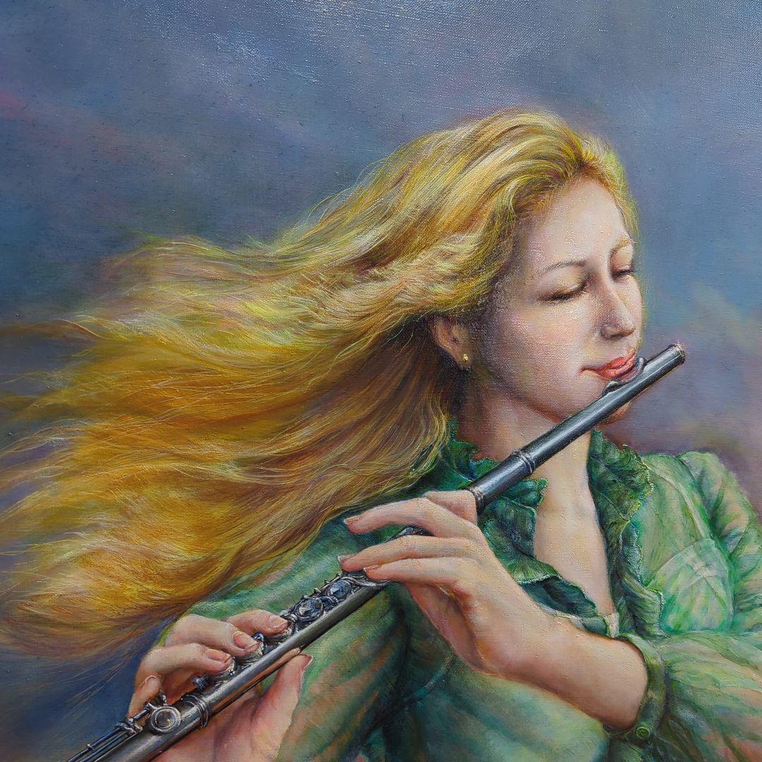 人物画　美人画　painterTMK真筆　フルート　女性人物画　油絵