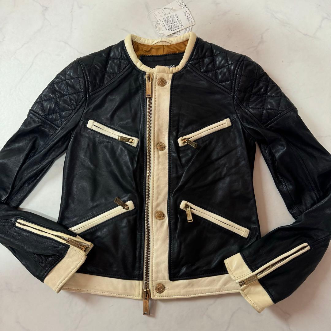 未使用タグ付 DSQUARED2 ラムレザー ライダース シングル バイカラー