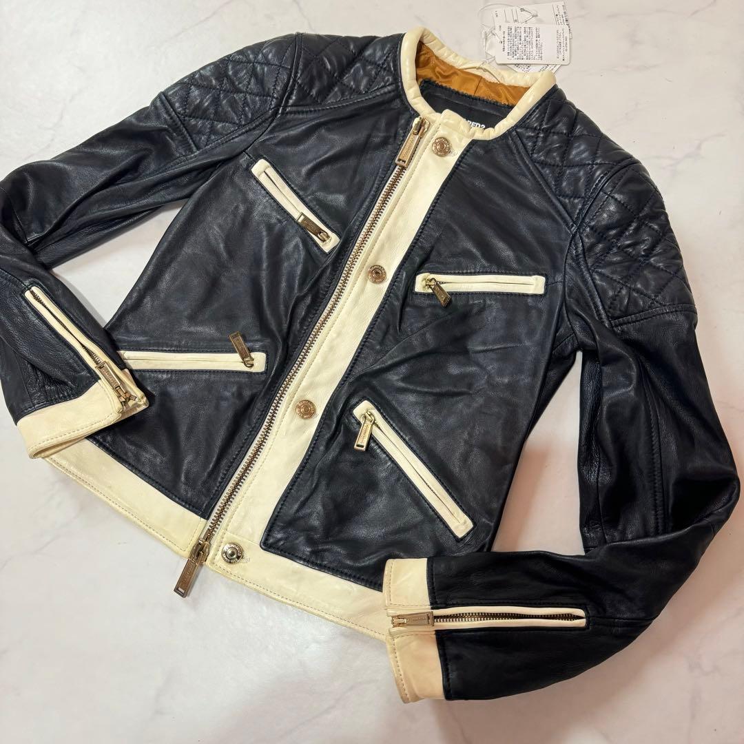 未使用タグ付 DSQUARED2 ラムレザー ライダース シングル バイカラー