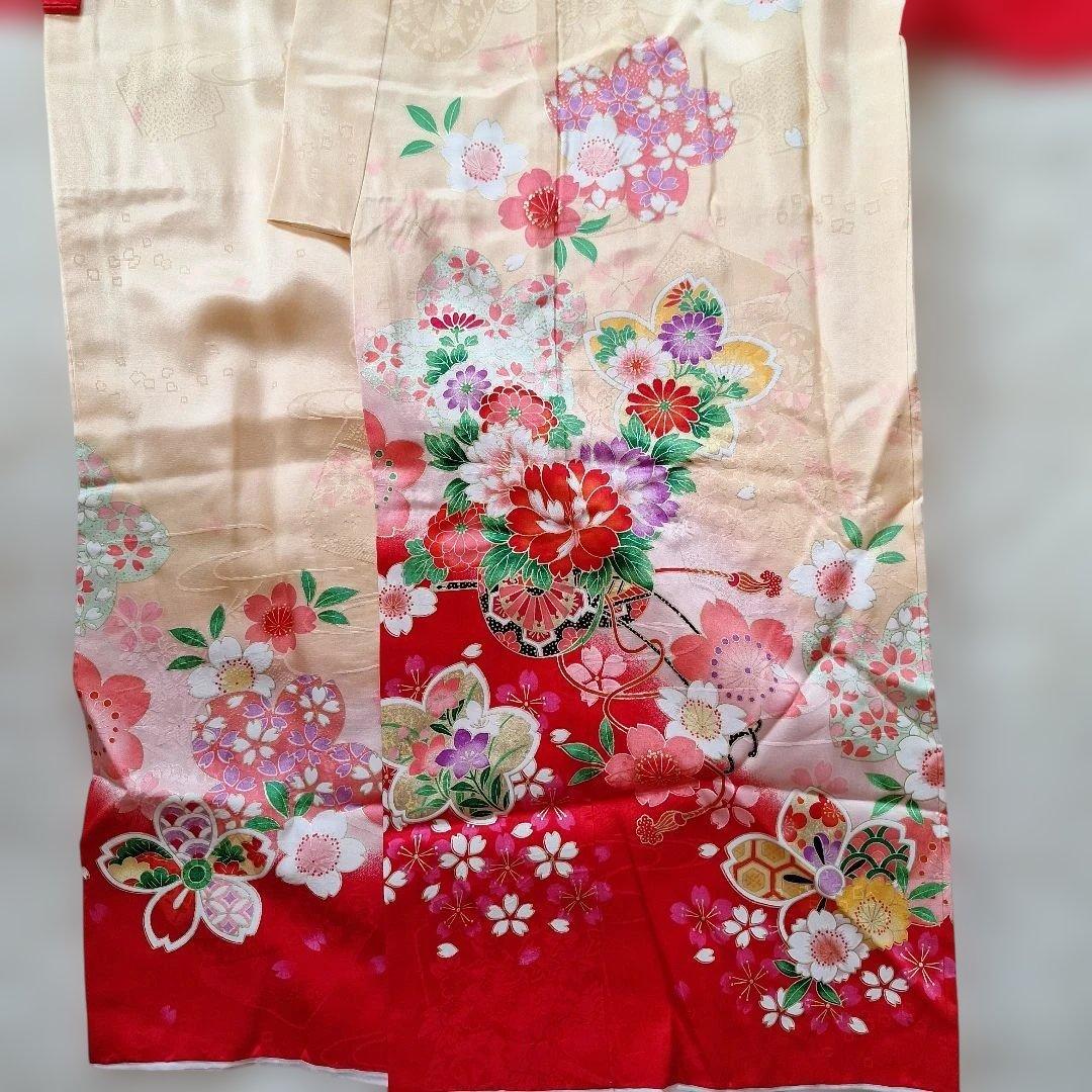 七五三　七歳用正絹着物と作り帯、小物セット中古品