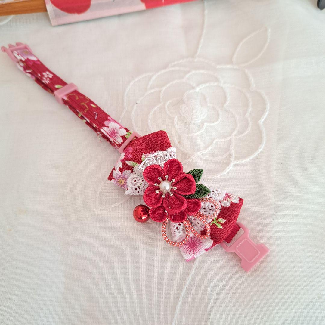 つまみ細工シングルリボン(赤)わんちゃん猫ちゃん用首輪