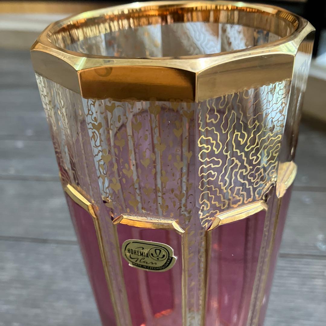 Bohemia ボヘミアガラス パネル花瓶　金彩 レリーフ フラワーベース