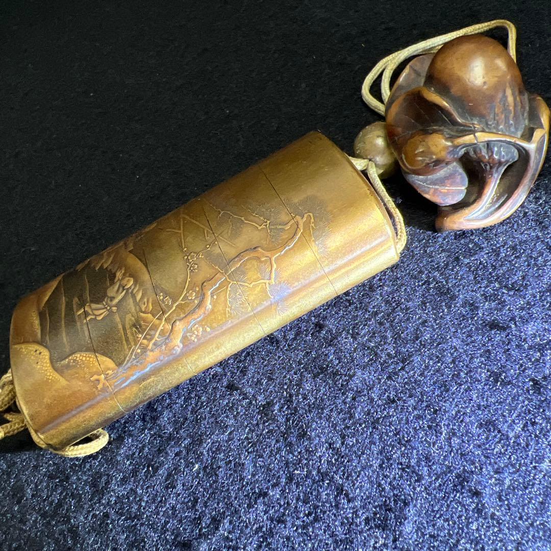 江戸時代　極上蒔絵山水人物画五段印籠、木彫根付　木箱付　東Y8-0128☆2F