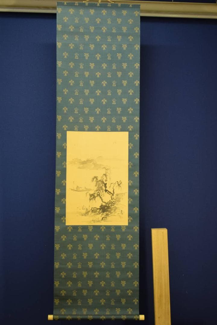 真作/中村不折/小舟鳴笛図/絹表装/布袋屋掛軸HE-919