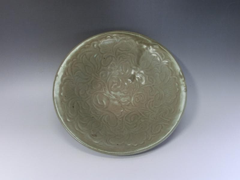 鉢■高麗青磁鉢 印花陽刻牡丹文 古い平鉢 古皿 大皿 古玩 唐草紋 時代物 骨董