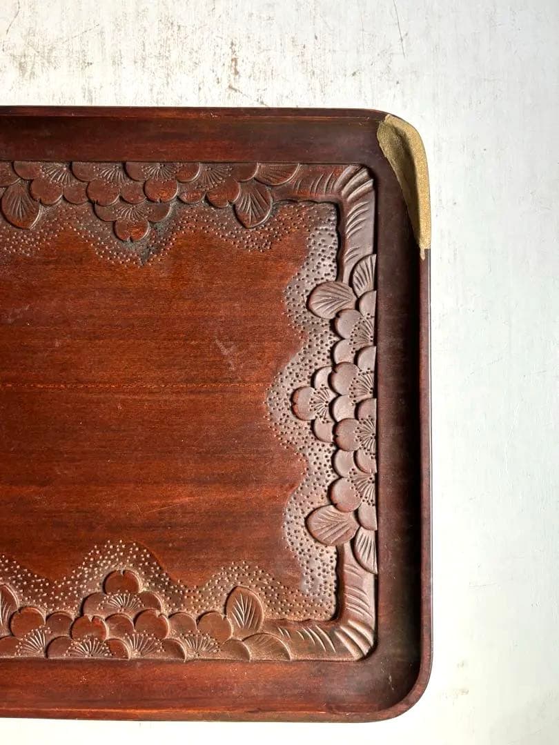 755 ヴィンテージ 軽井沢彫 桜彫 角盆 大阪屋家具店 金継ぎ 民芸 工芸