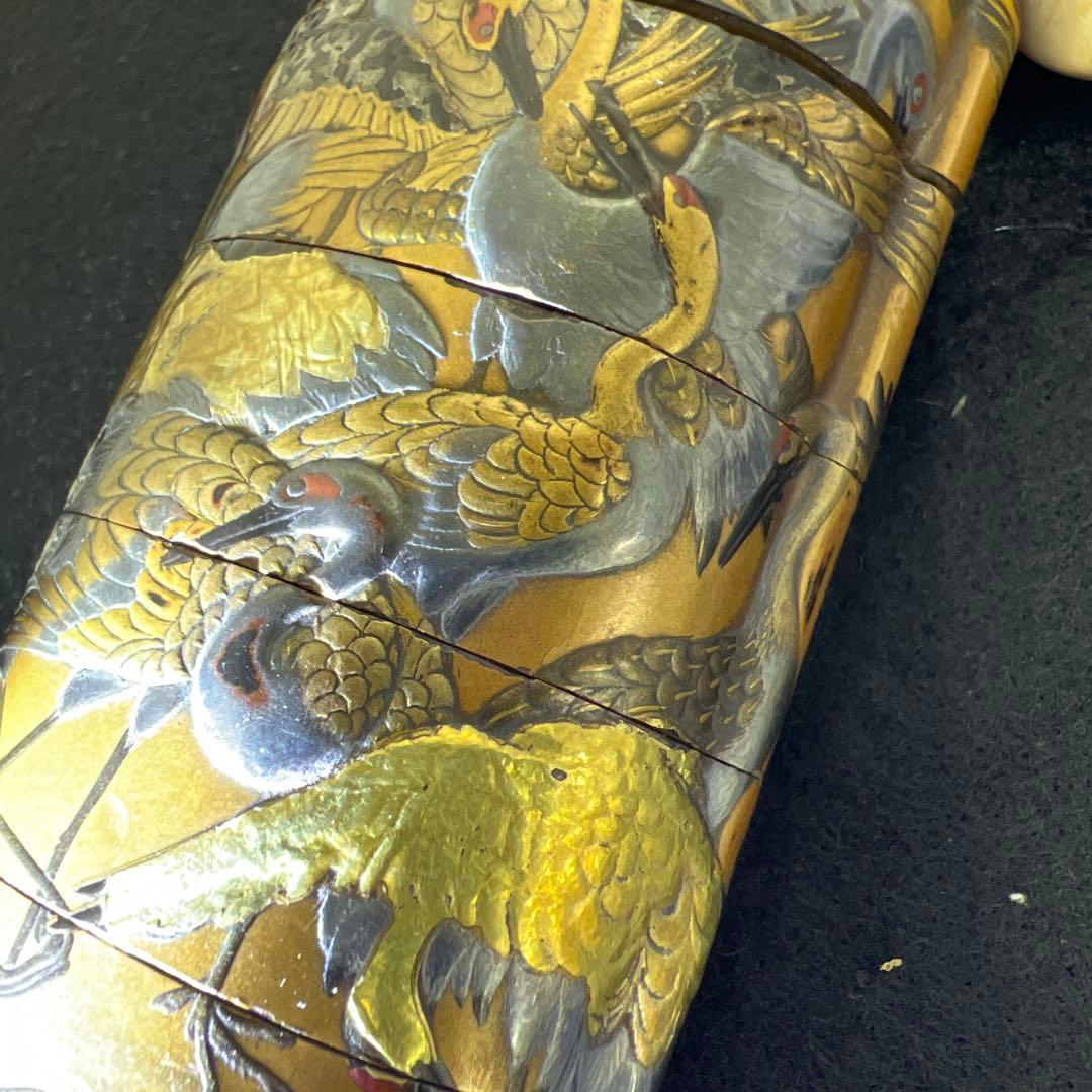 江戸時代　鶴蒔絵印籠、根付　70g 東Y8-0122☆2Fトコカ