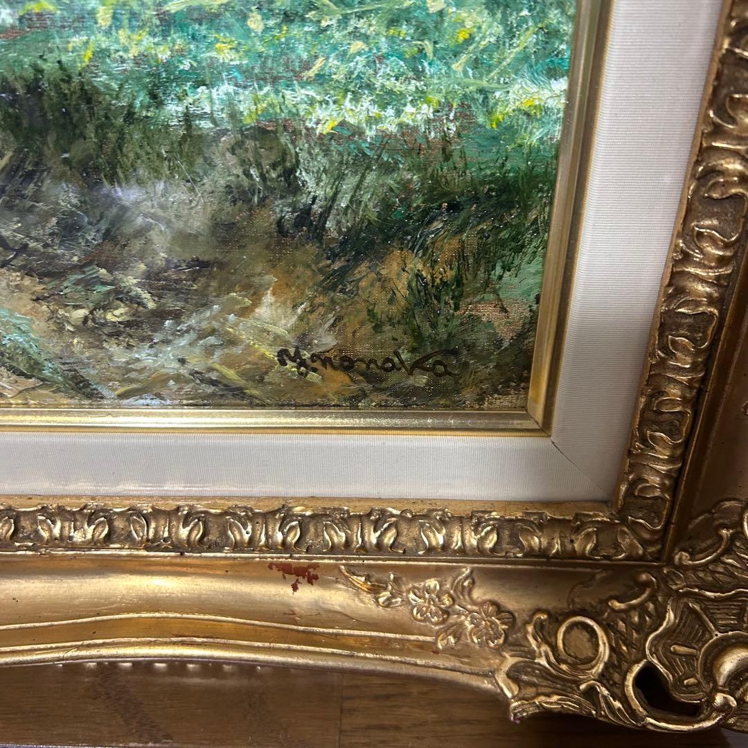 能仲ヤツヲ　油彩 10号 「のどかな日」　油絵 額装 風景画 油彩画 インテリア