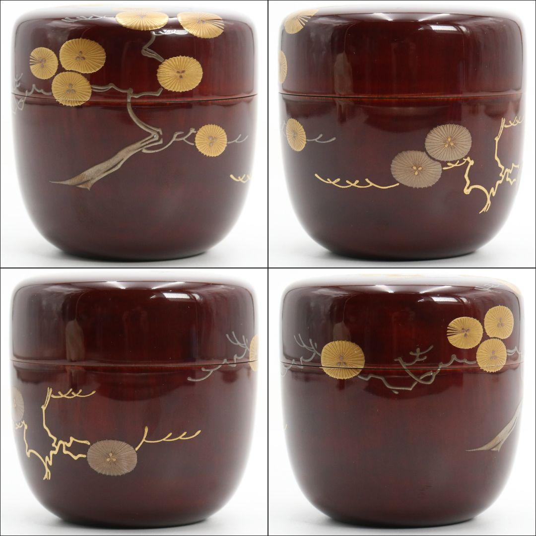 漆匠 高桑泉斎作 唐松蒔絵 溜塗 大棗 二重箱 茶道具 共布　AZ659　NT9