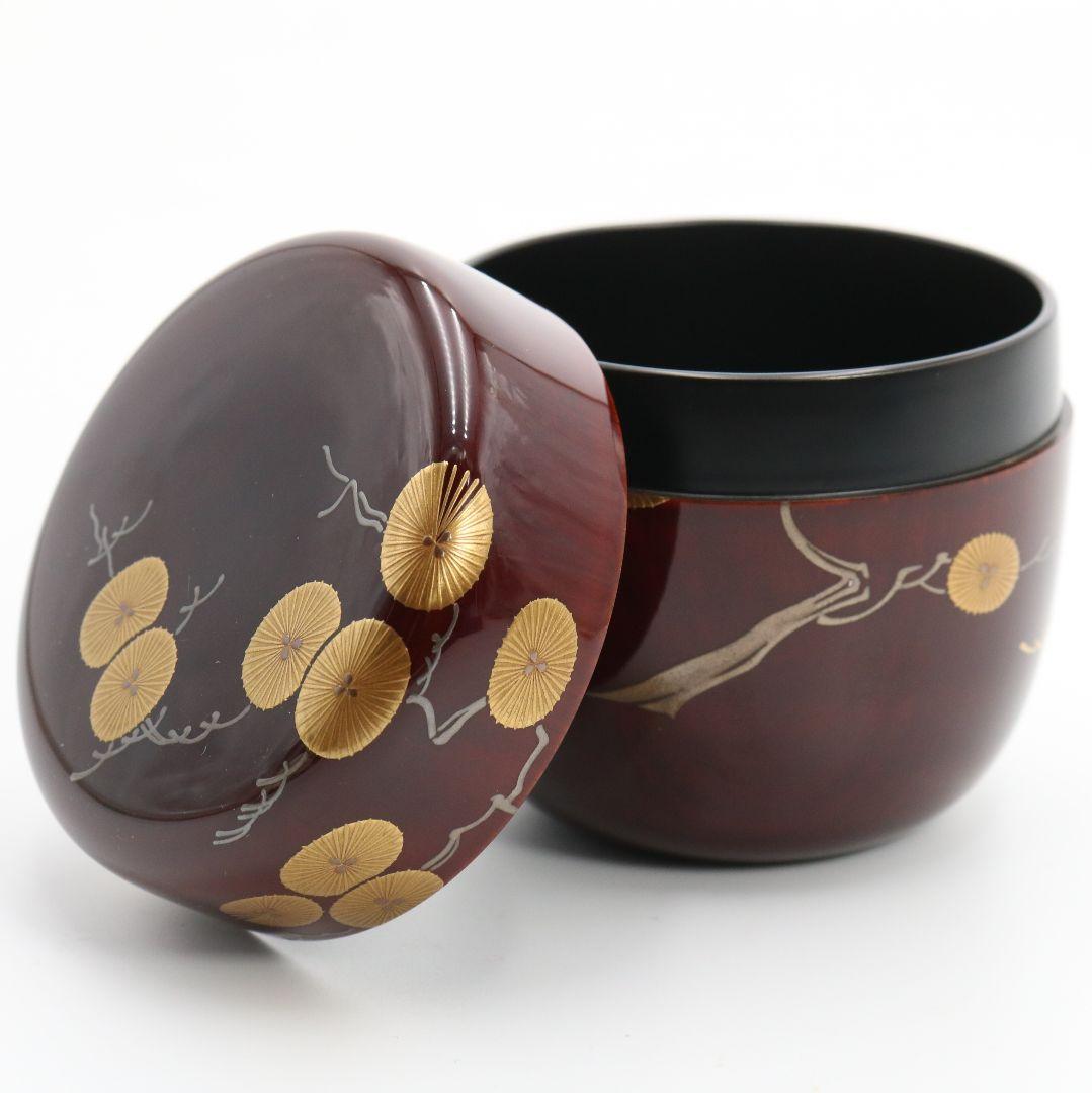 漆匠 高桑泉斎作 唐松蒔絵 溜塗 大棗 二重箱 茶道具 共布　AZ659　NT9