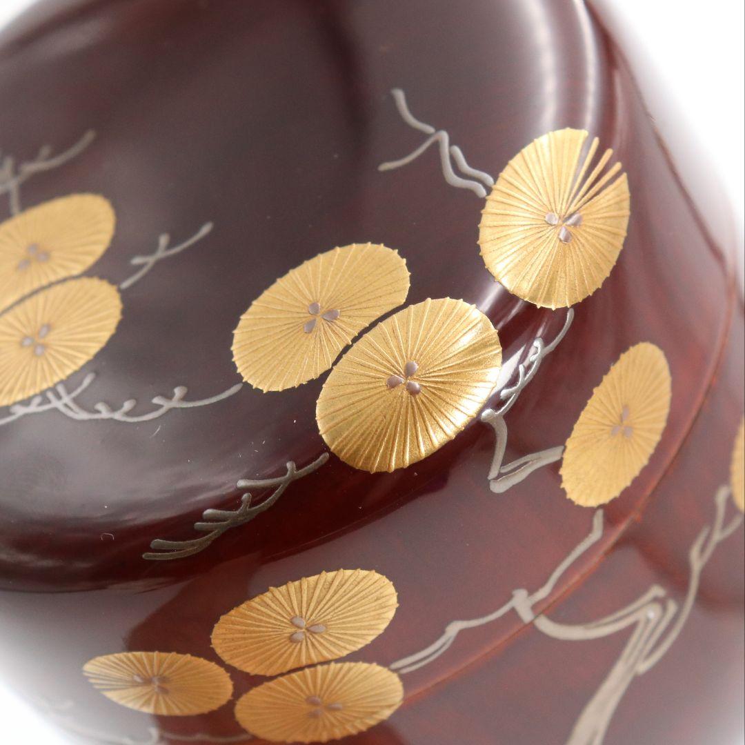 漆匠 高桑泉斎作 唐松蒔絵 溜塗 大棗 二重箱 茶道具 共布　AZ659　NT9