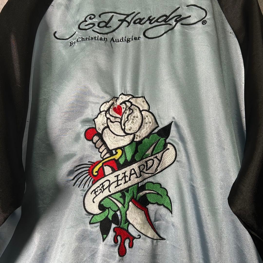 Ed Hardy スカジャン 両面刺繍 黒 水色