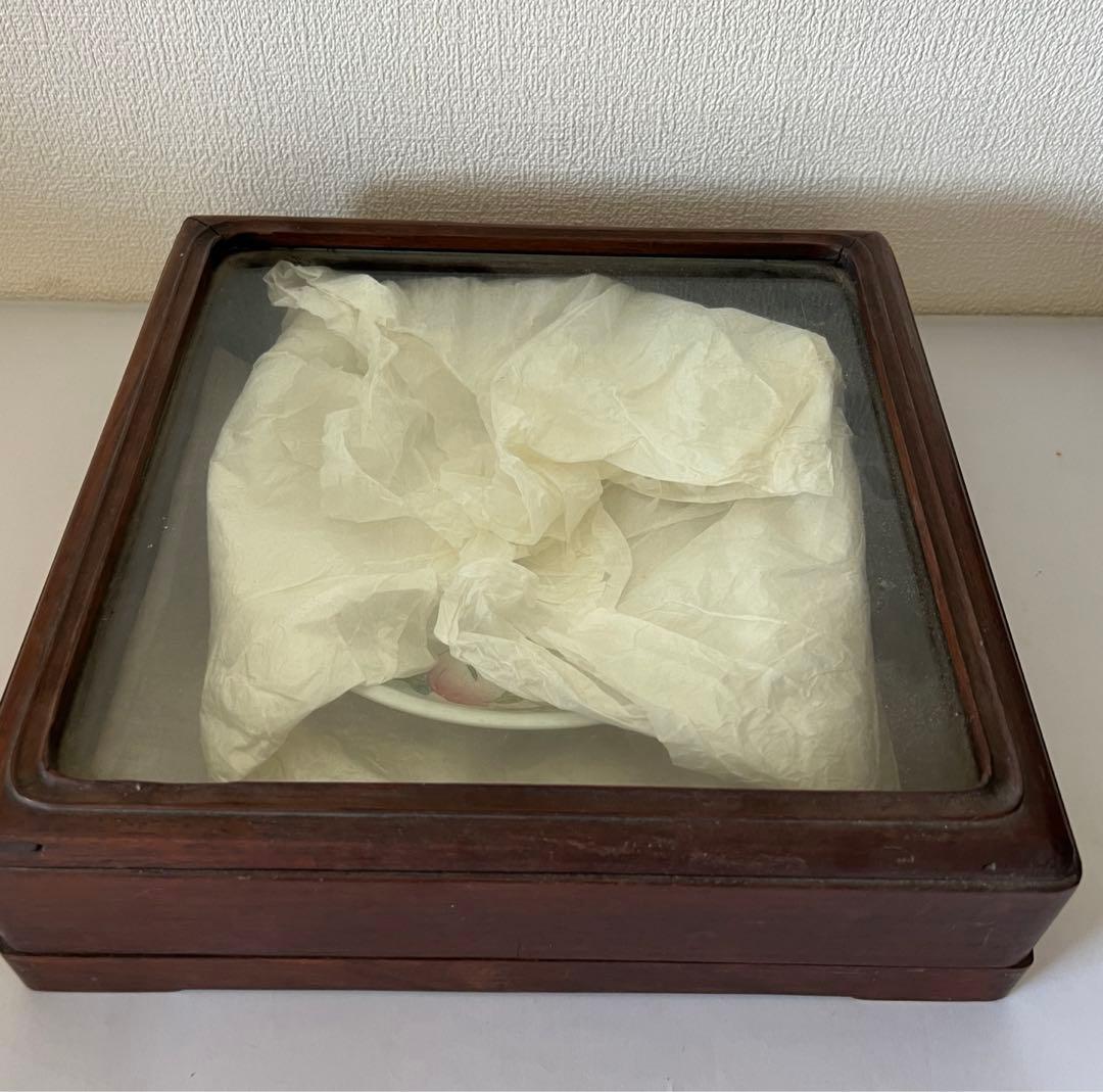 中国古美術/粉彩蝙蝠/桃紋皿 【大清雍正年製】在銘/紫檀箱付き