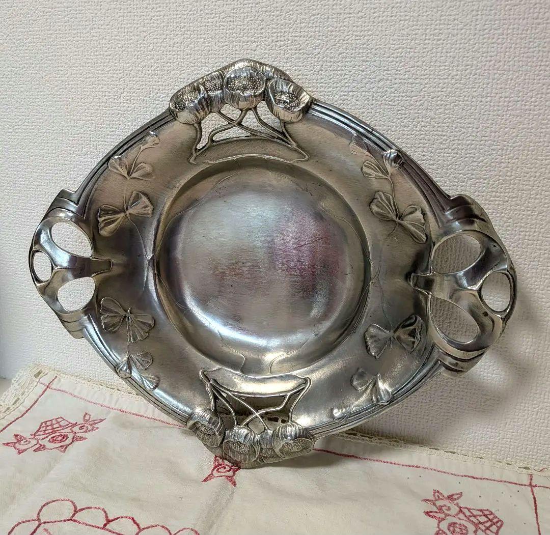 AUSTRIA 持ち手付きボウル トレー 皿 ポピー柄 透かし ピューター製