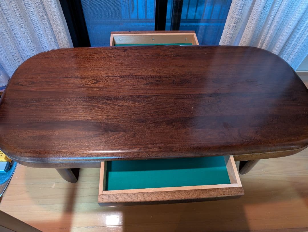 ダークブラウン オーバル型座卓 引き出し付き