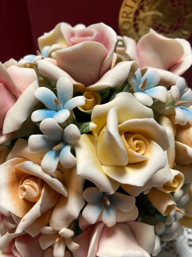 イタリア製 カポディモンテ磁花 ローズ 置物 バラ ナポリ アレンジフラワー
