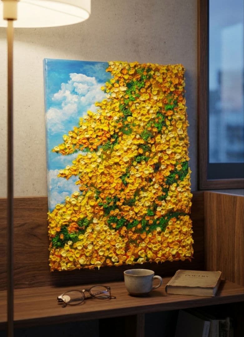 油絵 油彩 油彩画 絵 絵画【青空のミモザ】F4号