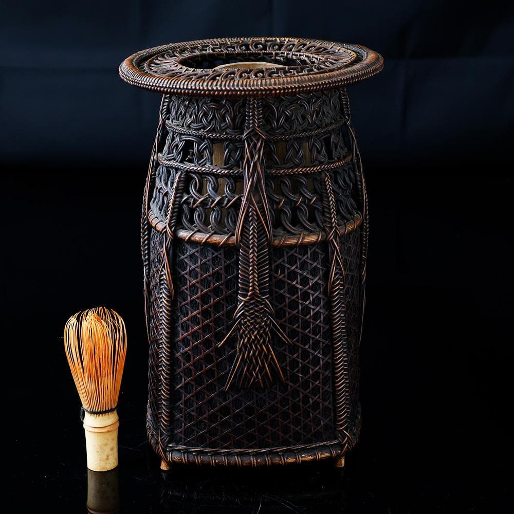 花生籠 掛花入 縄目編み 組紐細工 六ツ目編み 網代 花器 茶道具 木箱入