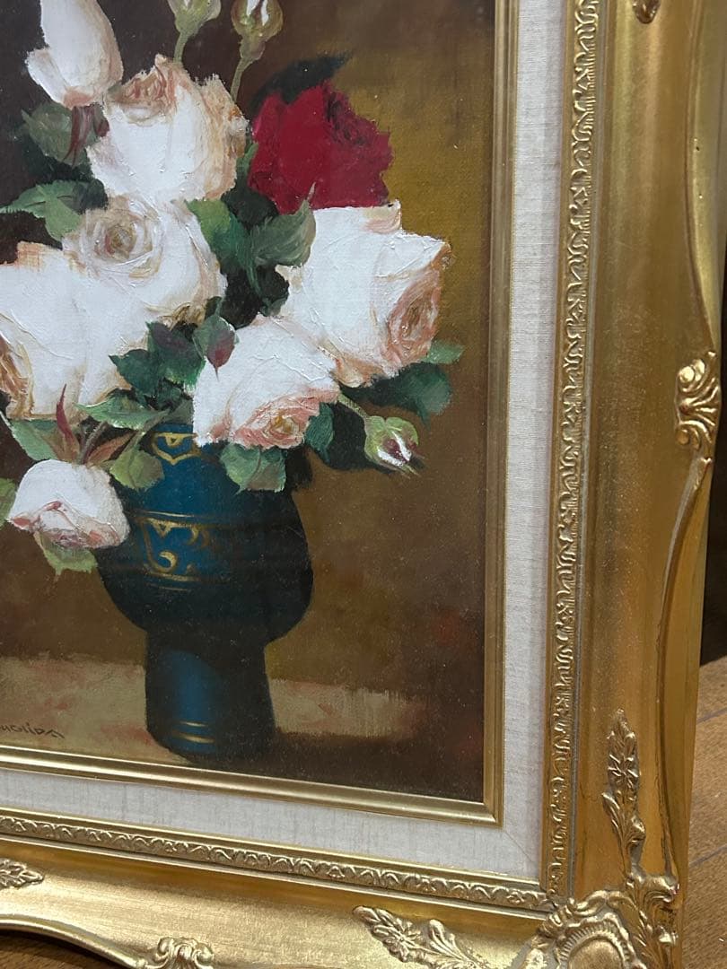 最終値下げ　内田　晃　作品　油絵　バラの花束 油彩画 金色フレーム