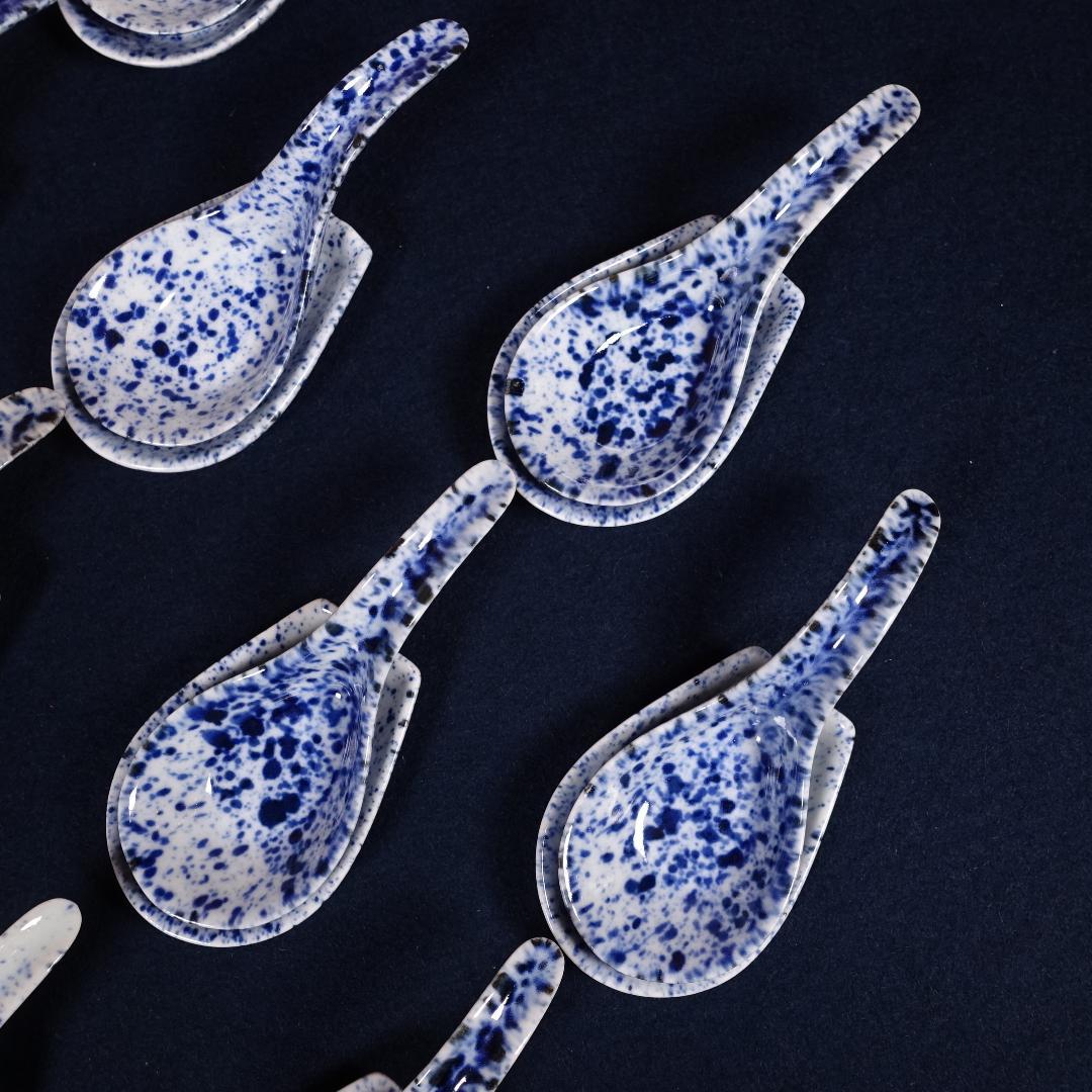 京焼 川尻一寛 禎山窯 染付 吹墨 レンゲ形 珍味入 10客 台座付