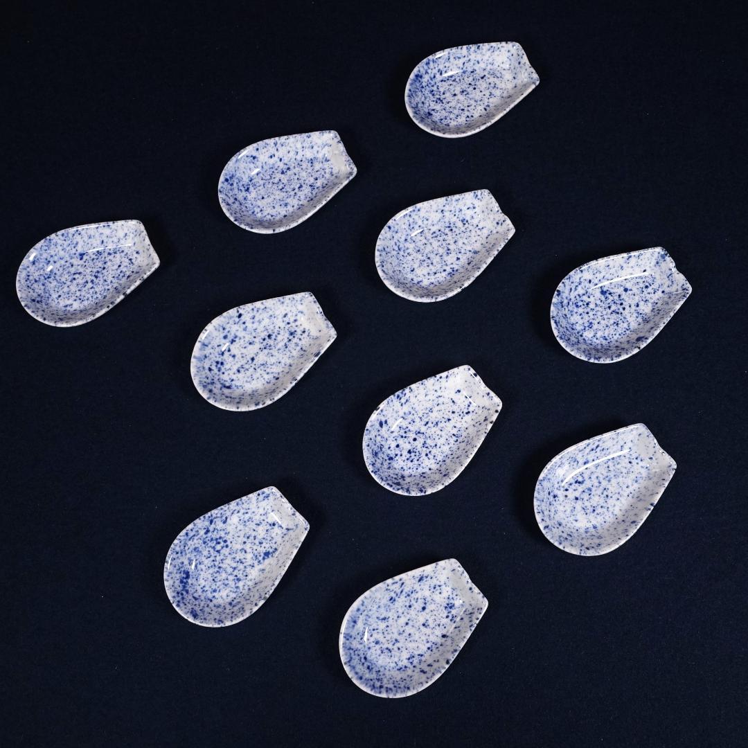 京焼 川尻一寛 禎山窯 染付 吹墨 レンゲ形 珍味入 10客 台座付