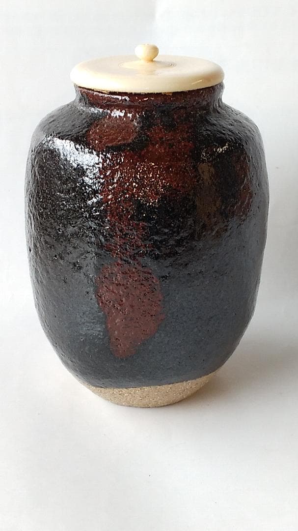 希少品 楽焼 吉村楽入 作 黒楽 茶入 仕覆 鶏頭大燈古金襴 茶道具 共箱 新品