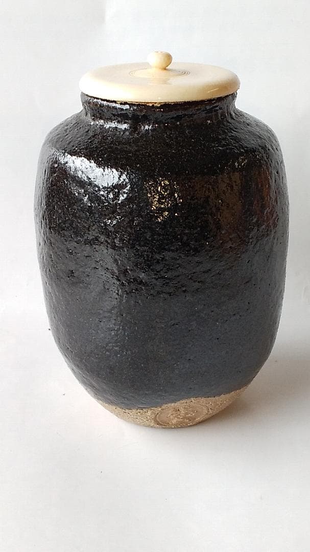 希少品 楽焼 吉村楽入 作 黒楽 茶入 仕覆 鶏頭大燈古金襴 茶道具 共箱 新品