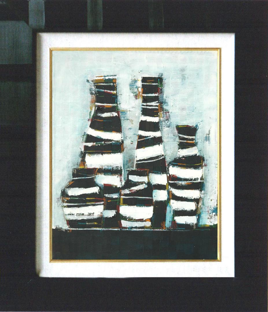 油絵 菅家令子 絵 絵画インテリア額付(青緑＋金色の枠)uF6-063104花瓶