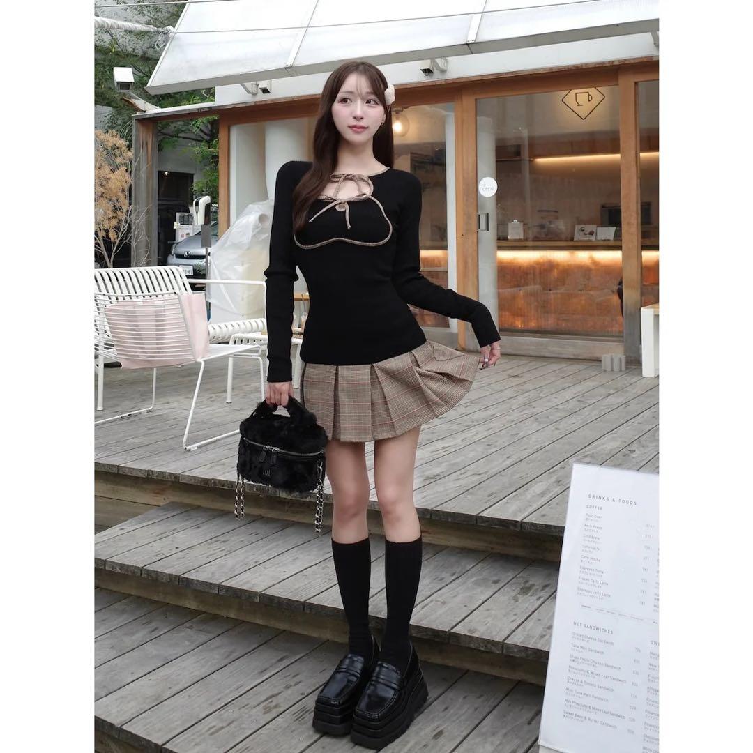 新品タグ付 ダーリッチ ブラック FL ポイントチェックニットミニワンピース