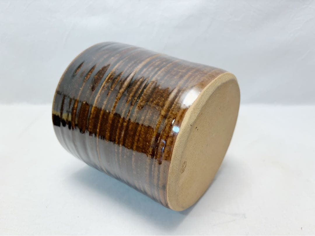 ほぼ未使用 茶道具 鎌倉窯 柿釉 一重口水指 塗蓋 水差し 陶印 共箱