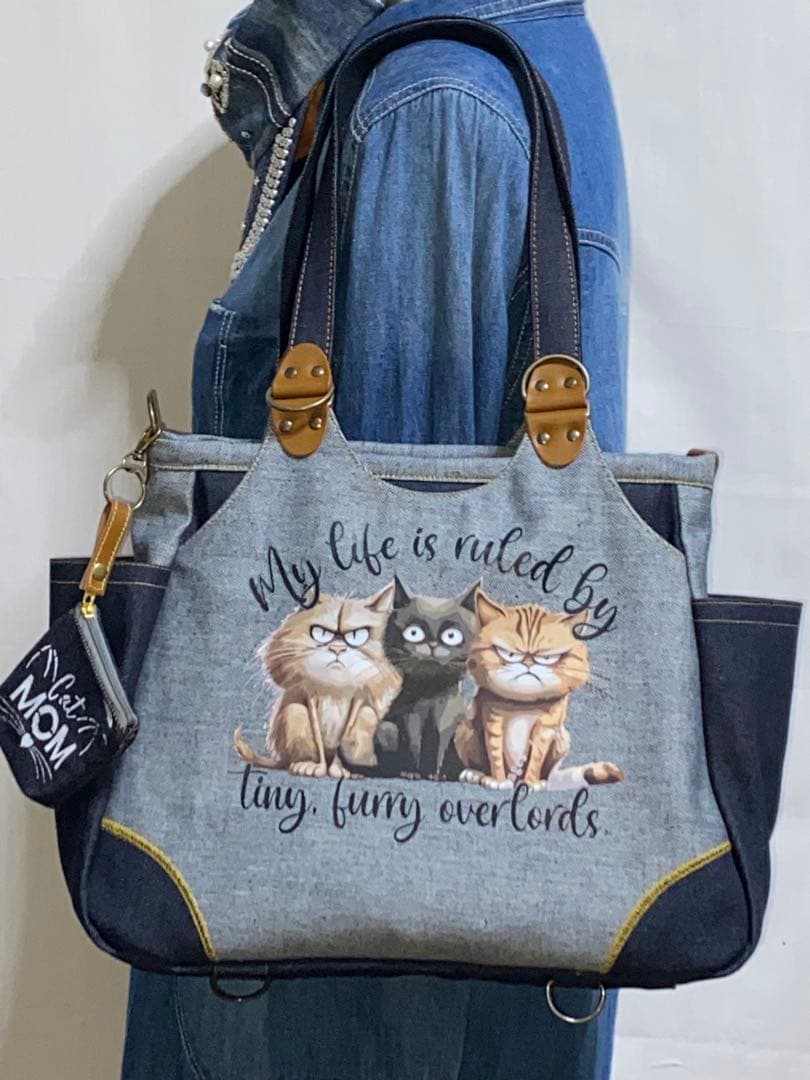 ☆両面リュック対応☆岡山デニム☆悪ネコ☆ステンシル☆4wayあおりバッグ