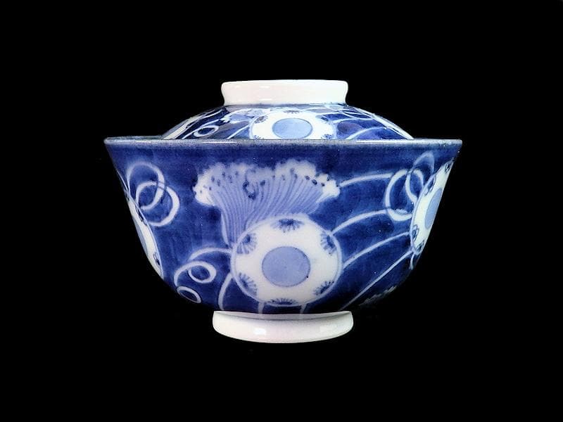 古伊万里　染付　鼓に調緒の図　蓋茶碗　江戸期　E213AS-CHl