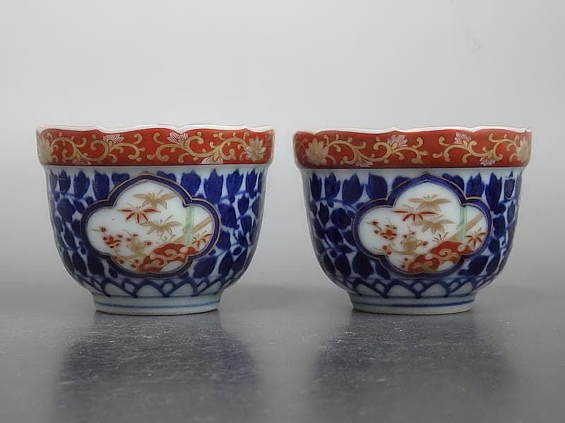 大聖寺伊万里　染錦　窓絵　葉唐草の図　向付　２客　D686AS-BDu