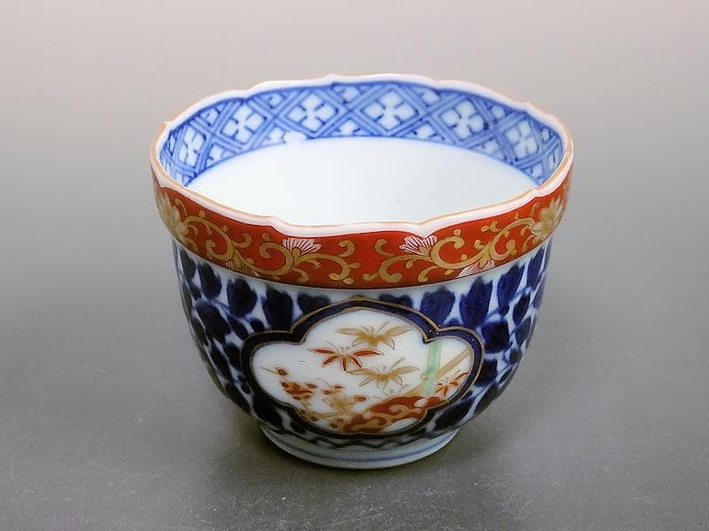 大聖寺伊万里　染錦　窓絵　葉唐草の図　向付　２客　D686AS-BDu