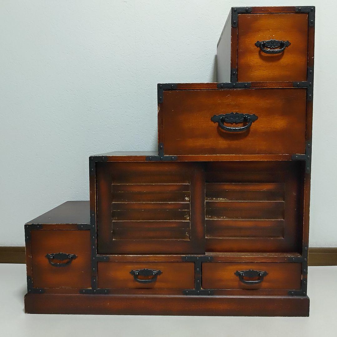 レトロ調 階段タンス 和風 民芸家具 小物収納　左下り