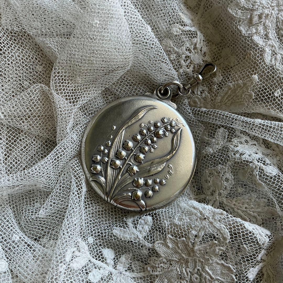 フランスアンティーク　すずらん　ミラー付きペンダントトップ　シャトレーン　鈴蘭