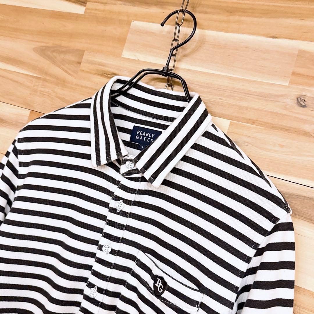 【パーリーゲイツ】モノトーン ストライプ ゴルフ 長袖シャツ ボーダー 黒×白