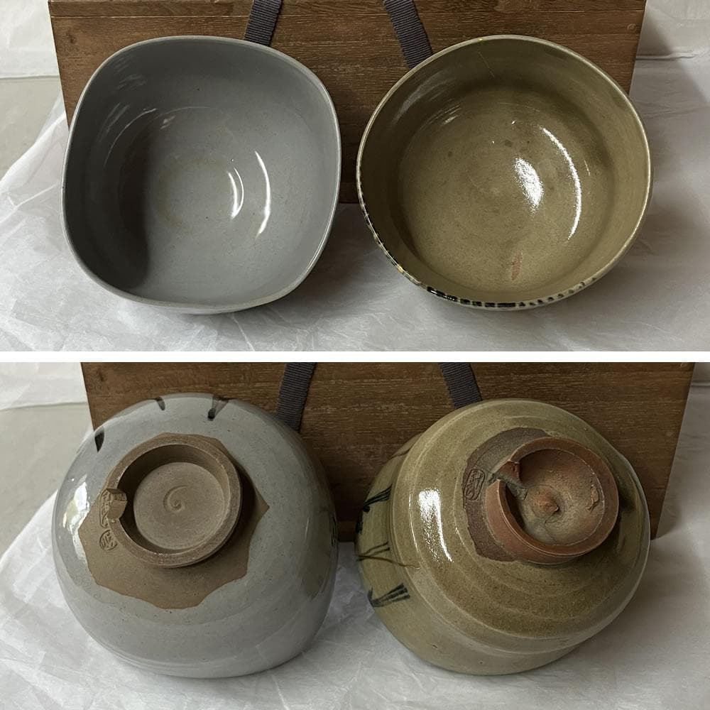 F1399 虫明焼 抹茶碗 二客 (一客 英山 銘、一客金直し) 松坂帰庵 識箱