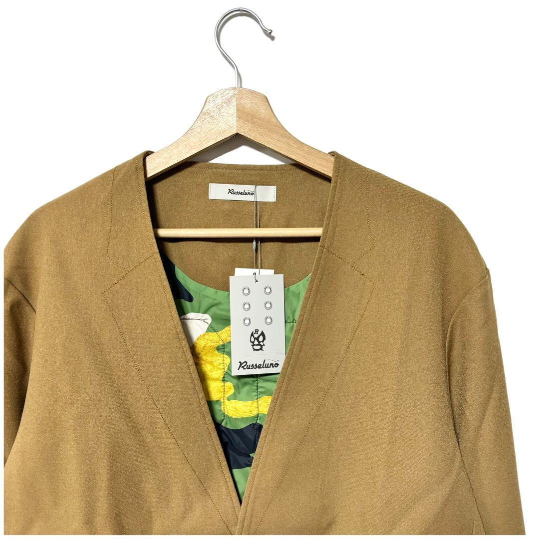 新品 ラッセルノ ゴルフ ノーカラー テーラード ジャケット キャメル L 5