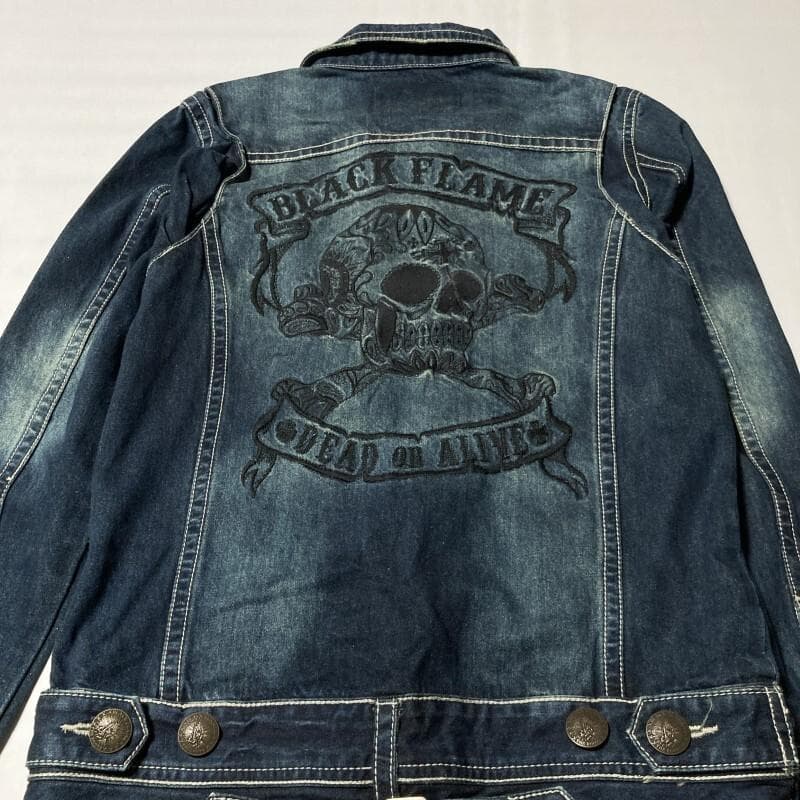 BLACK FLAME★背スカル&ロゴ刺繍 ヴィンテージ デニムツナギ 15.5