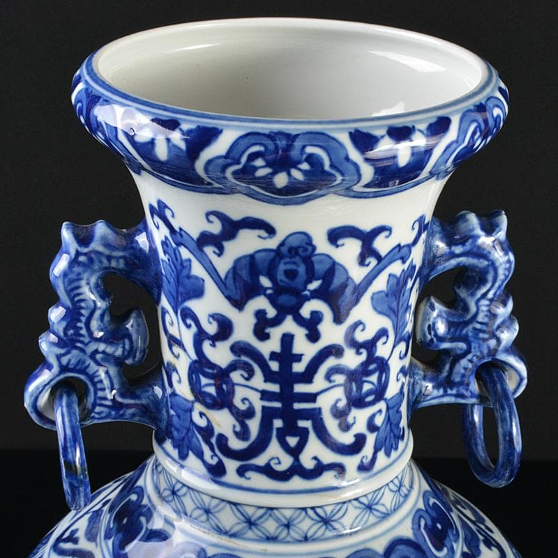 中国　大清雍正年製款　青花　唐草龍花文　遊環双耳瓶　V　R7172B