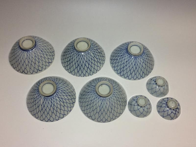 ★昭和レトロ★ レア！　印判　人気の 網目紋様　茶碗　五客　猪口三客オマケ