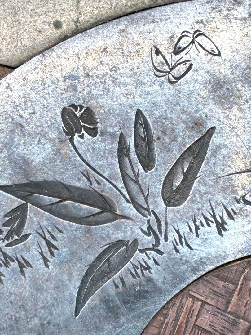 時代物 書道具 硯箱 作家物 扇面 彫金 象嵌 花文網代編 小物入 明治大正時代